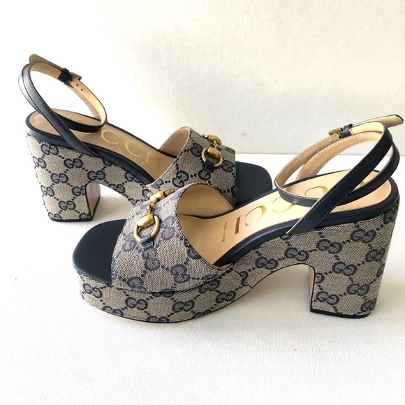 Gucci Blue Monogram Platform Heels With Horse Bit Size 38 - Picture 2 of 8